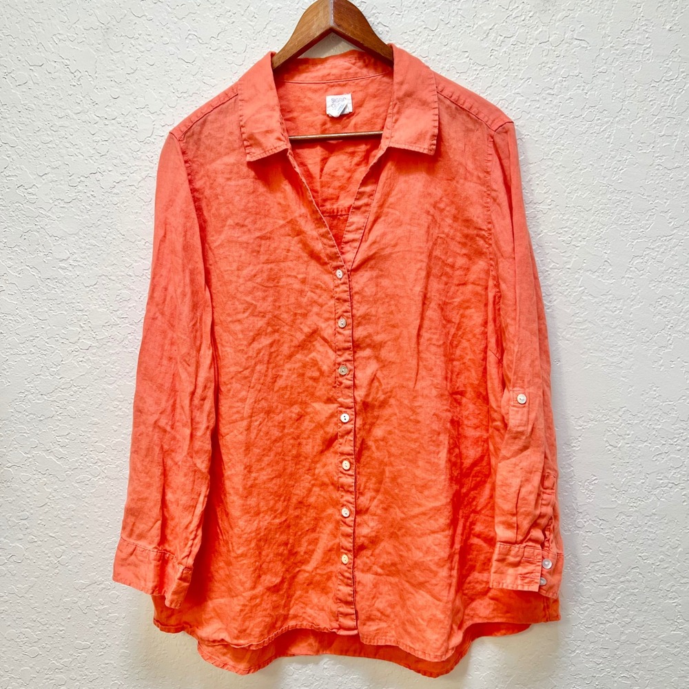 Sigrid Olsen Coral Orange 100% Linen Button Down Roll Tab Sleeve Shirt Plus 2X